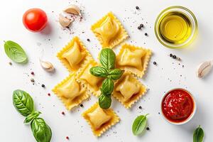 AI generated Ravioli with tomato sauce and basil on white background photo