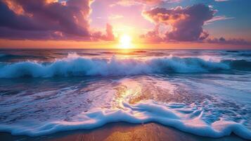 AI generated Beautiful ocean and sunset with a wave breaking on shore photo