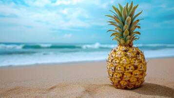 AI generated A pineapple on a sandy beach with the ocean in the background. photo