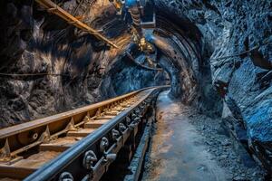 ai generado carril transportador en un subterráneo túnel. transporte de mineral o carbón a el superficie foto