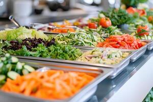 ai generado abastecimiento comidas preparado para invitados a un Boda o hotel cena. sano ensaladas y otro vegetales. foto