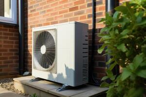 ai generado aire fuente calor bomba instalado en residencial edificio. foto