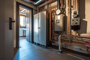 AI generated Heating system and gas boiler in the house photo