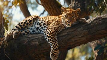 ai generado leopardo es descansando en un árbol maletero foto