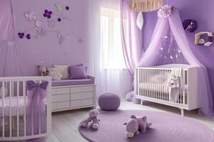 ai generado púrpura bebé dormitorio con cuna foto