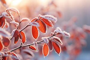 AI generated Frozen Forsythia with red leaves The first frosts, frost and hoarfrost. Early winter. photo