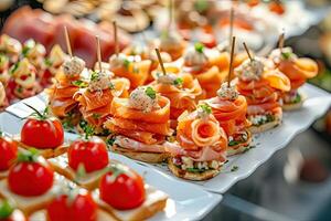 AI generated Buffet assortment of canapes. Delicious appetizers, catering food photo