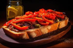 ai generado rojo pimientos con genial anchoas en un rebanada de un pan. típico Español alimento. foto