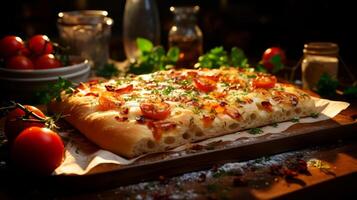 AI generated Pizza with mozzarella, tomatoes and olives on wooden background. photo