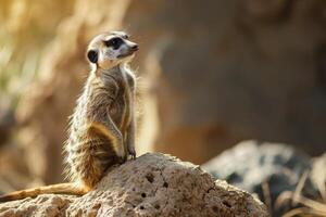 AI generated Suricata standing on a guard. Curious meerkat photo