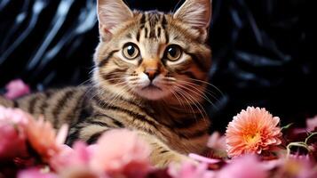 ai generado linda Bengala gatito y flores en negro antecedentes. foto