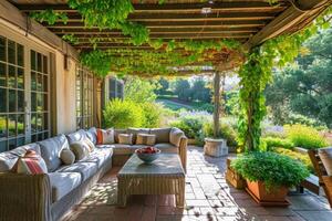 AI generated Cozy patio with sofas and a table. Pergola shade over patio. photo