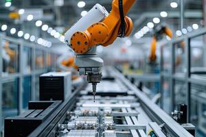 AI generated Robotic arm for electronic assembly line. Smart modern factory automation using advanced machines. photo