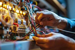 AI generated Close up detail of an electrician hands working with wires and fuse switch box. photo