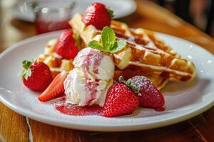 AI generated A plate of waffles and ice cream with strawberries photo