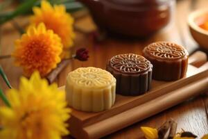 AI generated Chinese traditional Moon cakes at mid autumn festival. photo