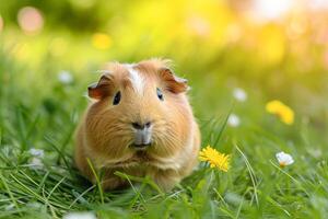 AI generated A cute guinea pig enjoying a sunny day. photo