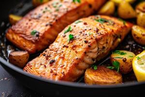 AI generated Grilled salmon and potatoes in a frying pan. Generative AI photo