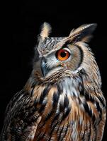 AI generated Eurasian Eagle Owl isolated on black background photo