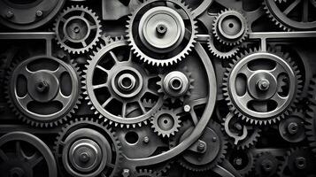 AI generated Retro black and white background of industrial cogs or gears with movement photo