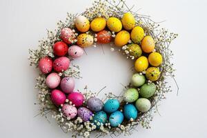 AI generated Colorful decorative Easter eggs wreath. photo