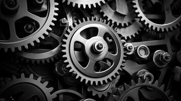 AI generated Retro black and white background of industrial cogs or gears with movement photo