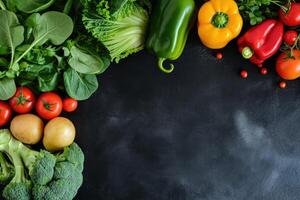 AI generated Top view portrait of assortment of fresh raw vegetables on black background with blank space. photo