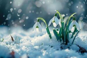 ai generado cerca arriba de campanilla de febrero flores floreciente en nieve cubierta. primero primavera flores foto