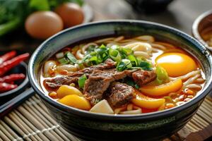AI generated Curry soup with thick noodles, beef, egg, chili peppers served in a bowl. Chinese cuisine. photo