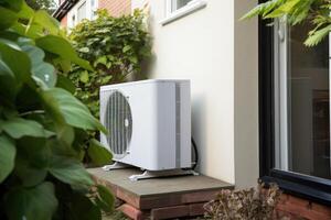 ai generado aire fuente calor bomba instalado en residencial edificio. foto