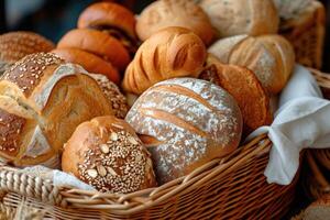 ai generado variedad de panadería un pan productos en cesta. foto