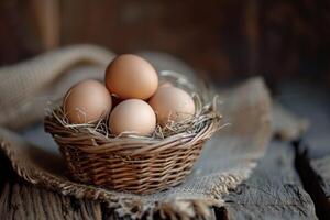 ai generado pollo huevos en un cesta. foto