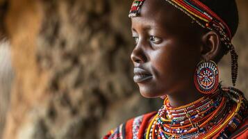 AI generated Maasai woman and traditional beaded adornments reflecting her identity. photo