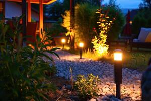 AI generated Light posts illuminated backyard garden during night hours. Modern backyard outdoor lighting systems. photo