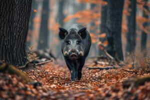 ai generado solitario salvaje Jabali camina en bosque. foto