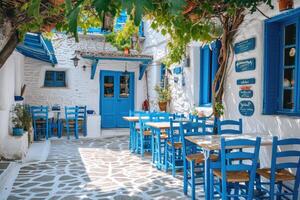 ai generado griego cultura con tradicional blanco y azul griego arquitectura, taberna foto