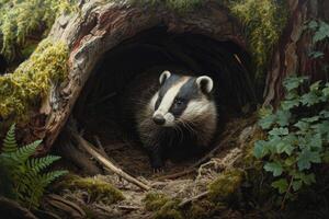AI generated Shot of badger resting at entrance hole burrow mouth photo