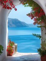 AI generated View of the sea from the house through the arch, Santorini island, Greece. photo