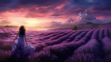 ai generado un mujer en un vestir en un campo de lavanda foto