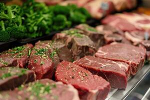 AI generated Raw fresh meat for steak perfectly arranged in a shop photo