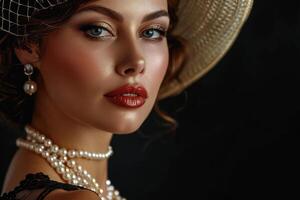 AI generated Romantic woman portrait. Retro style girl wearing old fashioned hat, pearls necklace and earrings, retro hairstyle and make-up. photo