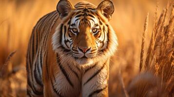 AI generated Bengal tiger in tall dry grass photo