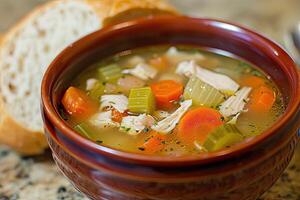 AI generated Homemade chicken vegetable soup. photo