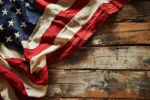 ai generado patriótico americano bandera en de madera antecedentes. 4to de julio americano independencia día foto
