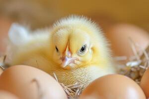 AI generated Yellow chicken hatching from egg. photo