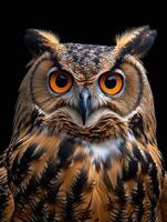 AI generated Eurasian Eagle Owl isolated on black background photo