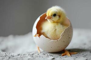 AI generated Yellow chicken hatching from egg. photo