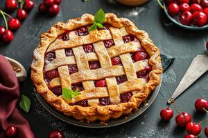 AI generated Homemade cherry pie on rustic background. photo