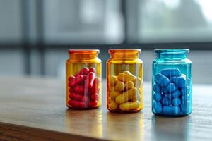 AI generated Bottle of different capsule tablet pill. Medicament and pharmacology. photo