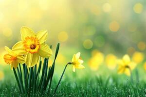 AI generated Beautiful panoramic spring nature background with daffodil flowers photo